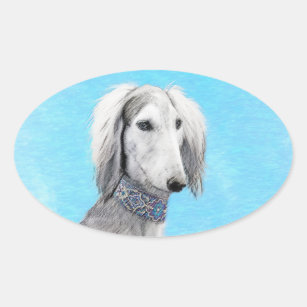 Saluki (zilver) schilderen - Kute Original Dog Art Ovale Sticker