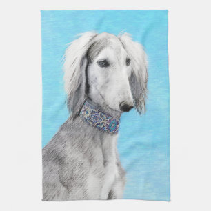 Saluki (zilver) schilderen - Kute Original Dog Art Theedoek