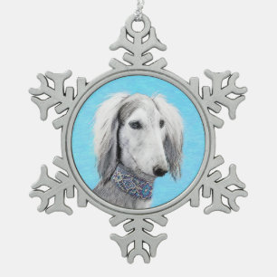 Saluki (zilver) schilderen - Kute Original Dog Art Tin Sneeuwvlok Ornament