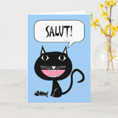 Salut! hallo in het Frans, zwarte kat met visBotte Kaart (Gele Bloem)
