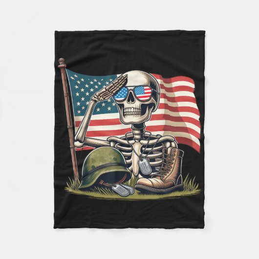 Salute Skeleton Amerikaanse vlag Memorial Day 4e Fleece Deken (Voorkant)