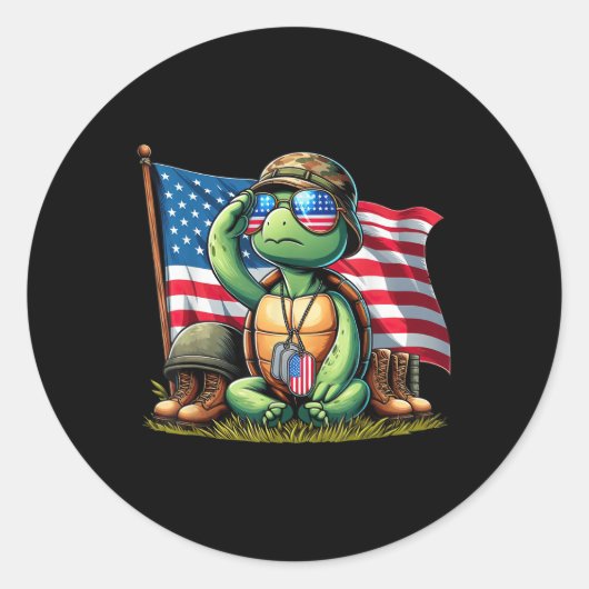 Saluut Turtle American USA Flag Memorial Day 4th O Ronde Sticker (Voorkant)