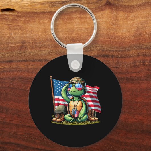 Saluut Turtle American USA Flag Memorial Day 4th O Sleutelhanger (Voorkant)