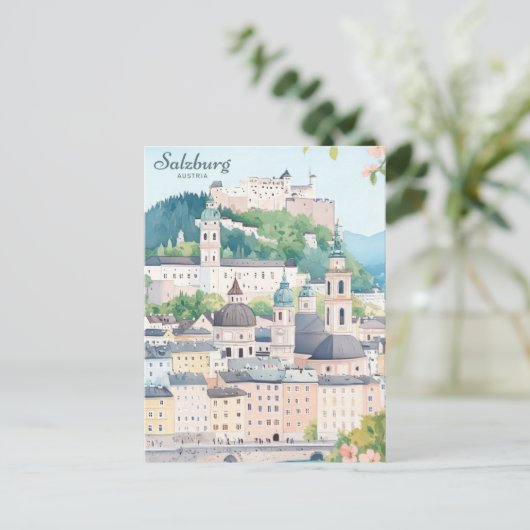 Salzburg Oostenrijk Gouache Schilderillustratie Re Briefkaart (Staand voorkant)