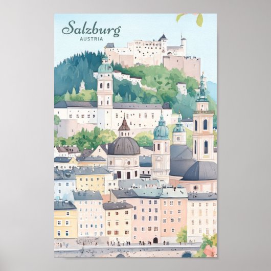 Salzburg Oostenrijk Gouache Schilderillustratie Re Poster (Voorkant)