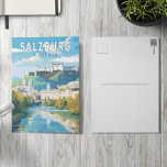 Salzburg Oostenrijk Reizen Kunst Vintage Briefkaart<br><div class="desc">Salzburg retro vector reisontwerp. Salzburg is een Oostenrijkse stad op de grens van Duitsland, met uitzichten van de oostelijke Alpen. De stad is verdeeld door de rivier de Salzach, met middeleeuwse en barokke gebouwen van het voetgangersgebied Altstadt (Oude Stad) op de linkeroever, met uitzicht op de 19e-eeuwse Neustadt (Nieuwe Stad)...</div>