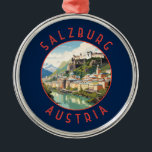 Salzburg Oostenrijk Retro Noodlijdende Cirkel Metalen Ornament<br><div class="desc">Salzburg retro vector reisontwerp. Salzburg is een Oostenrijkse stad op de grens van Duitsland, met uitzichten van de oostelijke Alpen. De stad is verdeeld door de rivier de Salzach, met middeleeuwse en barokke gebouwen van het voetgangersgebied Altstadt (Oude Stad) op de linkeroever, met uitzicht op de 19e-eeuwse Neustadt (Nieuwe Stad)...</div>