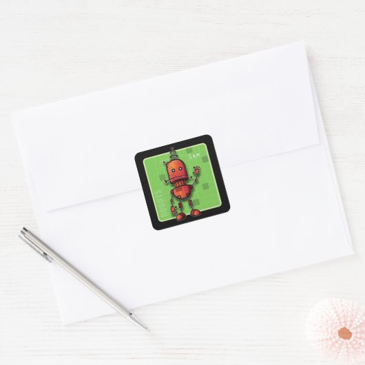 Sam de Robot Vierkante Sticker (Envelop)