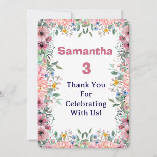 Samantha Bloemen Bedankkaart, 3e Verjaardag Bedankkaart