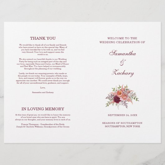 Samantha Elegant Burgundy Folded Wedding Program (Voorkant)