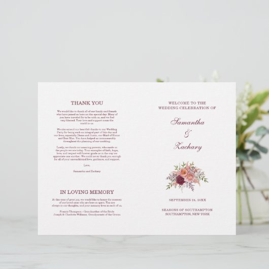 Samantha Elegant Burgundy Folded Wedding Program (Staand voorkant)