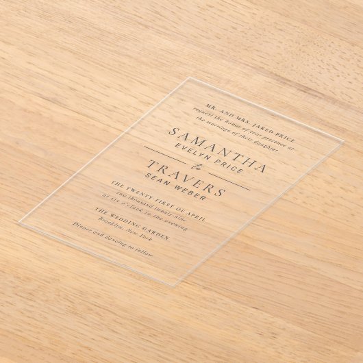 Samantha grijs traditionele elegante bruiloft acryl uitnodigingen (Laagn)