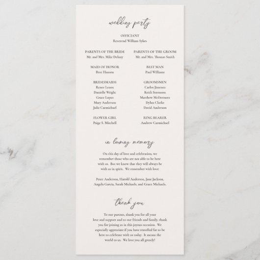 Samantha grijs traditionele elegante bruiloft programmakaart (Achterkant)