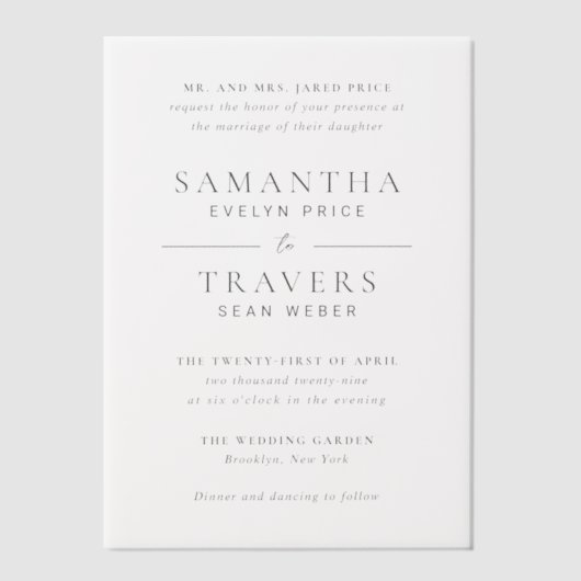 Samantha grijs traditionele elegante bruiloft vellum uitnodigingen (Voorkant)