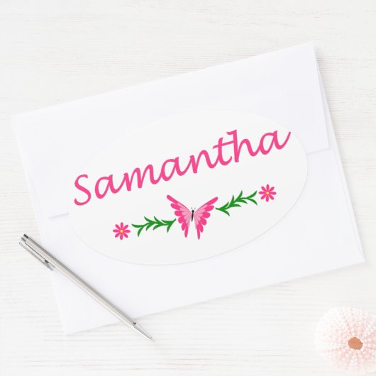 Samantha (roze vlinder) ovale sticker (Envelop)