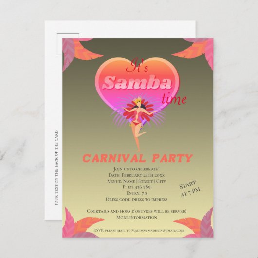 Samba dans braziliaans carnaval Uitnodiging Briefk (Voorkant / Achterkant)