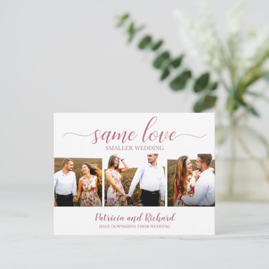 Same Love Downsize Wedding Aankondiging 3 Foto Briefkaart (Staand voorkant)