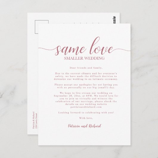 Same Love Downsize Wedding Roos Gold Briefkaart (Voorkant / Achterkant)