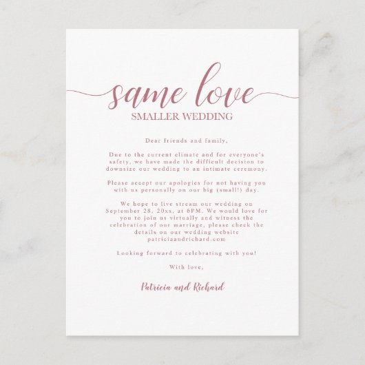 Same Love Downsized Huwelijk Rose Goud Briefkaart (Voorkant)