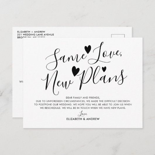 Same Love New Plans Hearts Huwelijk Uitstel Aankondigingskaart (Voorkant / Achterkant)