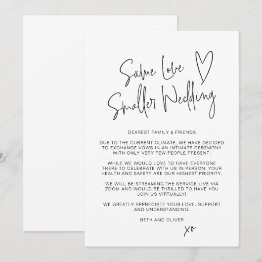 Same Love Smaller Wedding Downsized Script Lettert Aankondiging (Voorkant / Achterkant)