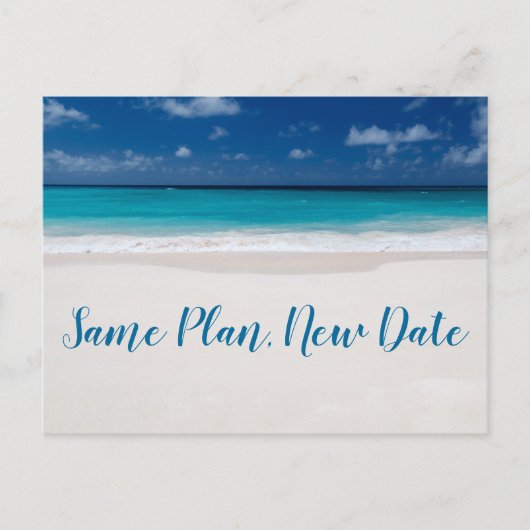 Same Plan Nieuwe Datum Strand Thema Save The Date Aankondigingskaart (Voorkant)