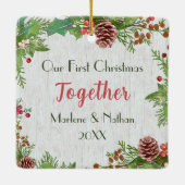 Samen 2-zijdige aangepaste foto rustieke Holly Pin Keramisch Ornament (Achterkant)