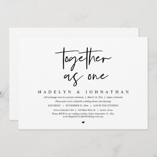 Samen als één bruiloft Elopement Dinner Party Kaart (Voorkant / Achterkant)