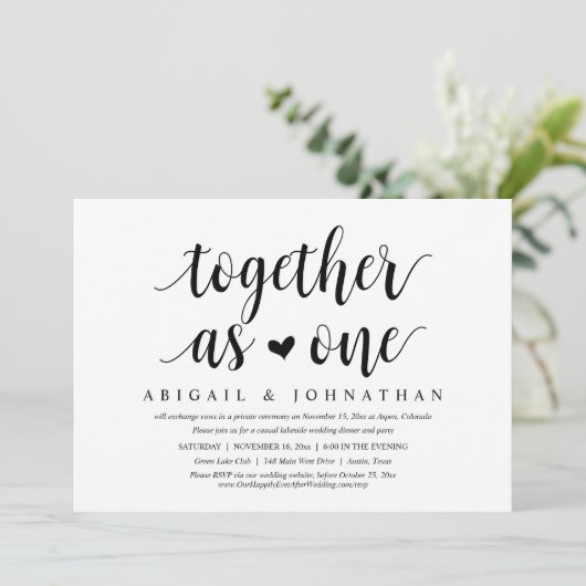 Samen als één bruiloft Elopement Dinner Party Kaart (Staand voorkant)