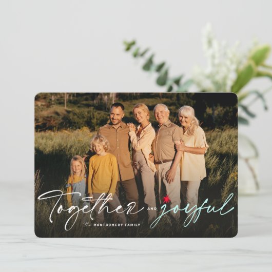 Samen en vreugdevolle handschrift typografie foto feestdagenkaart (Staand voorkant)