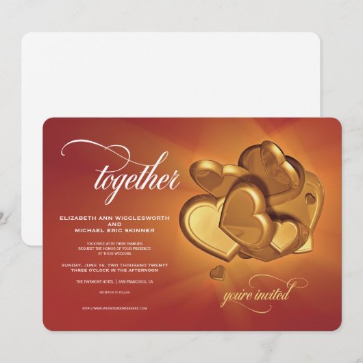 Samen Golden Hearts bruiloft uitnodiging (V4) (Voorkant / Achterkant)