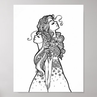 Samen groeien - Moeder Dochter Lijn Kunst Portret Poster