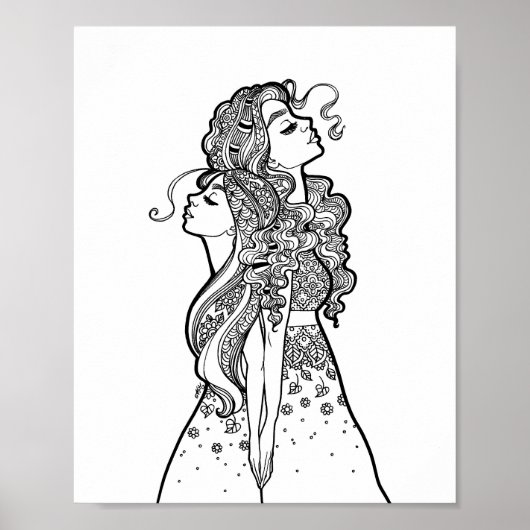 Samen groeien - Moeder Dochter Lijn Kunst Portret Poster (Voorkant)