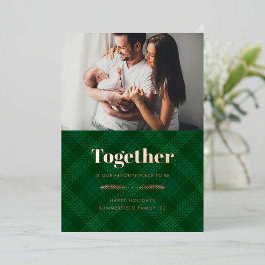 Samen onze favoriete huisfamilie Foto Roos Gold Folie Feestdagenkaart (Staand Voorkant)