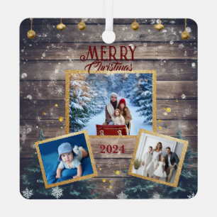 Samen vieren: 3-foto familie Kerstmis Metalen Ornament