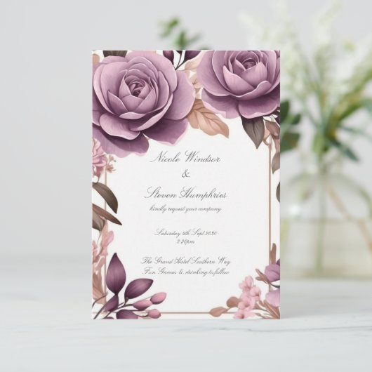 Samen voor altijd Mauve Floral bruiloft uitnodigin (Staand voorkant)