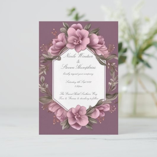 Samen voor altijd Mauve Floral bruiloft uitnodigin (Staand voorkant)