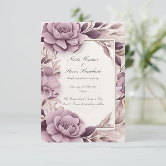Samen voor altijd Mauve Floral bruiloft uitnodigin (Staand voorkant)