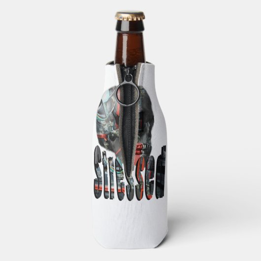 samengeperste schedel vol computerbreinen, flesjeskoeler (Fles Achterkant)