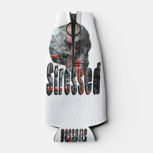 samengeperste schedel vol computerbreinen, flesjeskoeler (Achterkant)