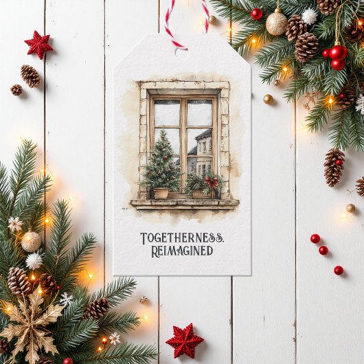 Samenhorigheid opnieuw voorgesteld rustieke venste cadeaulabel