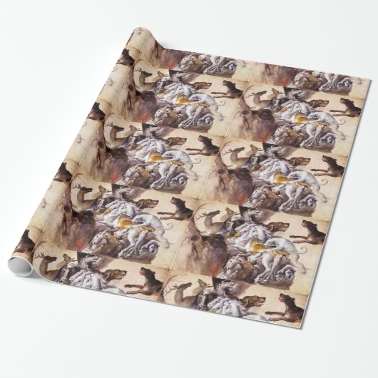 SAMENSTELLING MET DIEREN, HORSEN, DEERS, HONDEN CADEAUPAPIER (Uitgerold)