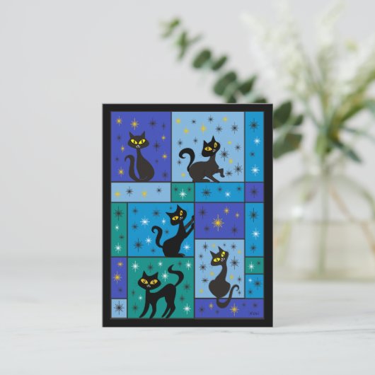 Samenstelling met vijf zwarte katten, Midnight Blu Briefkaart (Staand voorkant)