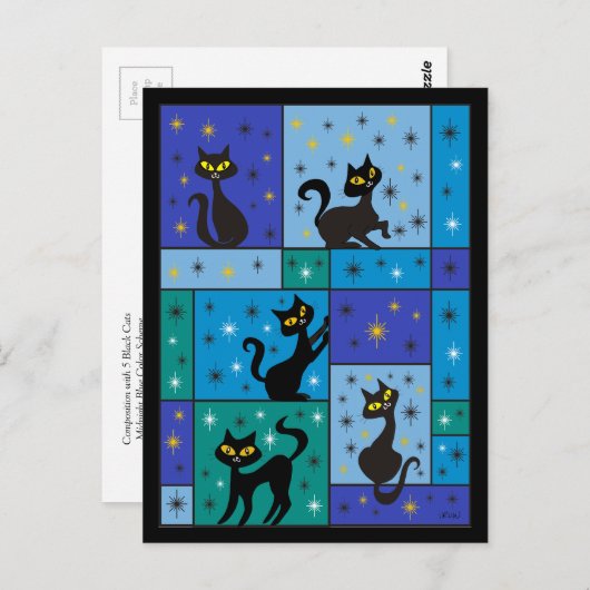 Samenstelling met vijf zwarte katten, Midnight Blu Briefkaart (Voorkant / Achterkant)