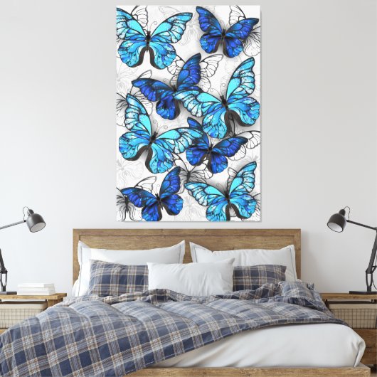 Samenstelling van witte en blauwe vlinders canvas afdruk (Insitu (Slaapkamer))