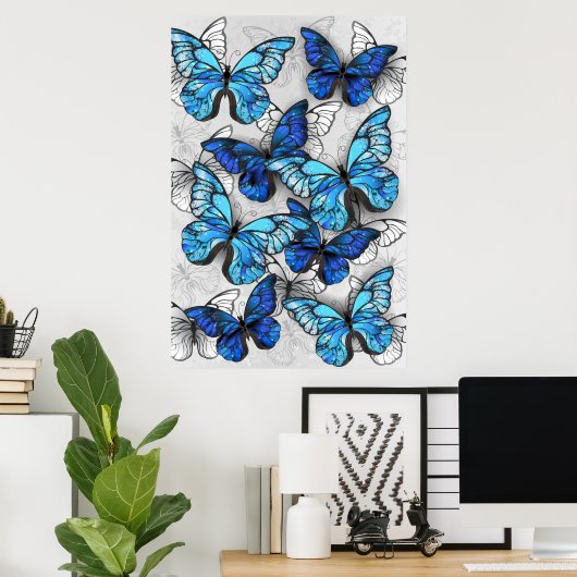 Samenstelling van witte en blauwe vlinders poster (Thuiskantoor)