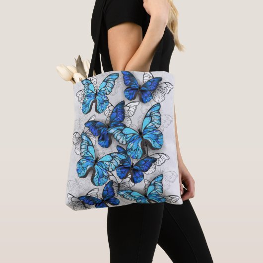 Samenstelling van witte en blauwe vlinders tote bag (Dichtbij)