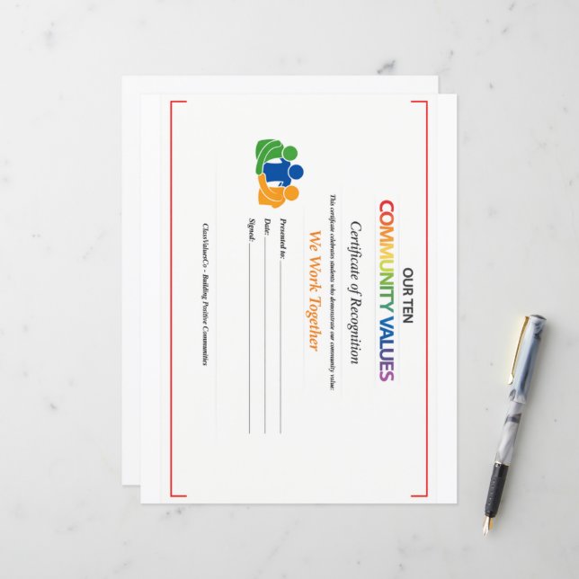 Samenwerken Waarde Certificaat 8.5x11 Papierblad (Voorkant / Achterkant in situ)