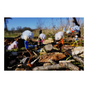 Samenwerking van Fubby poppetjes op een houtwerkpl Perfect Poster