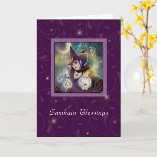 Samhain Blessings - Heks Paarse Sparkle Kaart (Gele Bloem)